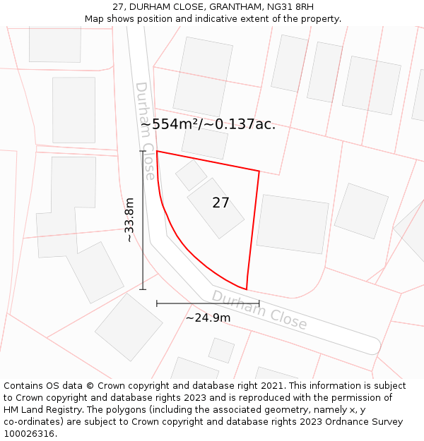 27, DURHAM CLOSE, GRANTHAM, NG31 8RH: Plot and title map