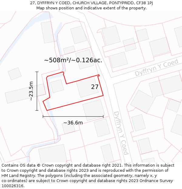 27, DYFFRYN Y COED, CHURCH VILLAGE, PONTYPRIDD, CF38 1PJ: Plot and title map