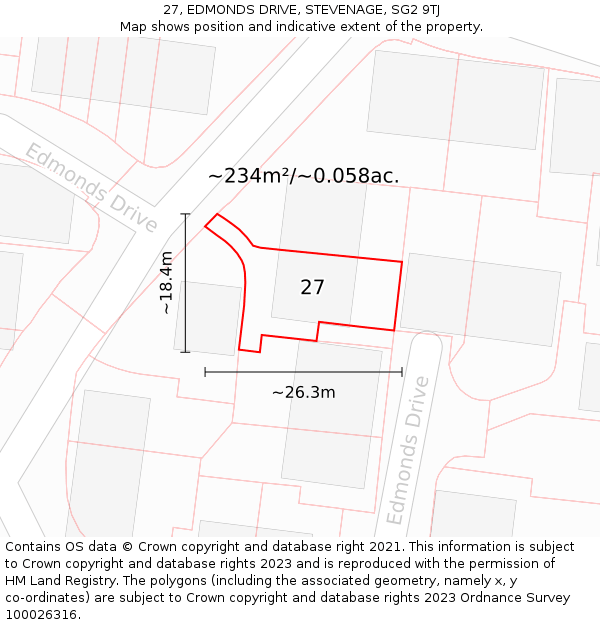 27, EDMONDS DRIVE, STEVENAGE, SG2 9TJ: Plot and title map