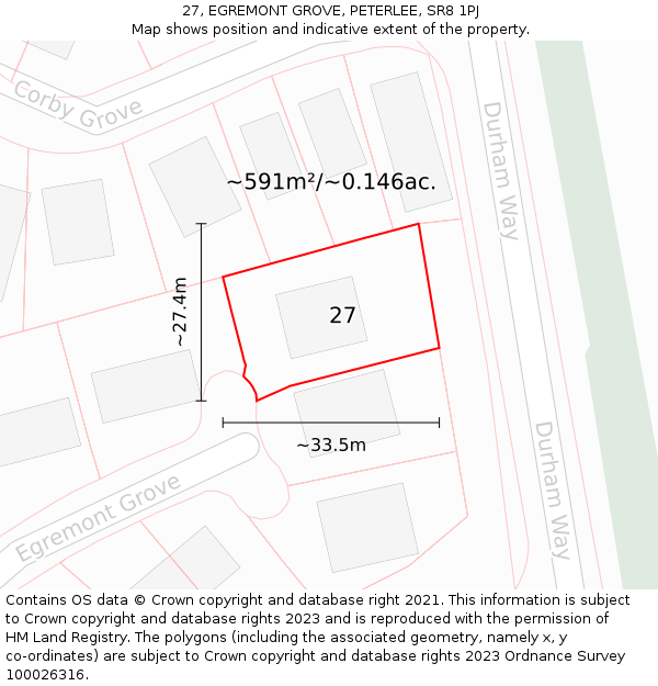 27, EGREMONT GROVE, PETERLEE, SR8 1PJ: Plot and title map