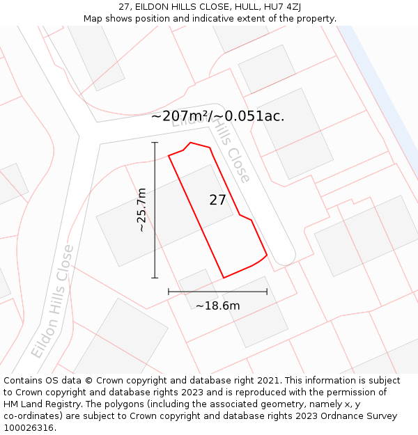 27, EILDON HILLS CLOSE, HULL, HU7 4ZJ: Plot and title map