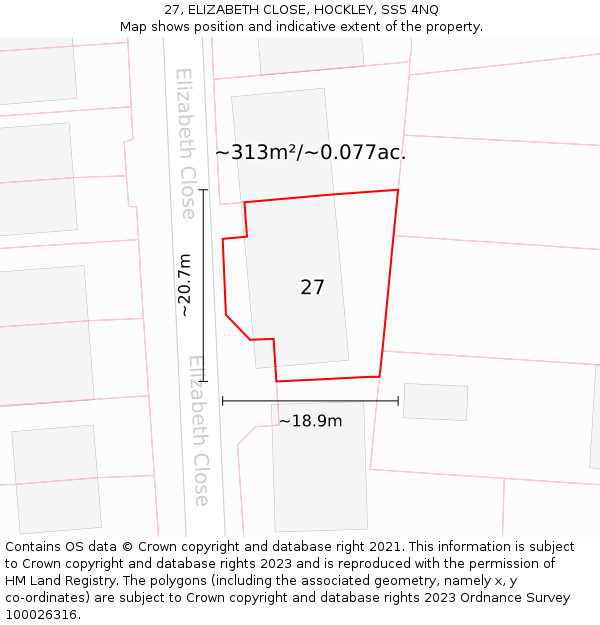 27, ELIZABETH CLOSE, HOCKLEY, SS5 4NQ: Plot and title map