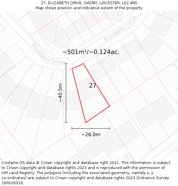 27, ELIZABETH DRIVE, OADBY, LEICESTER, LE2 4RD: Plot and title map