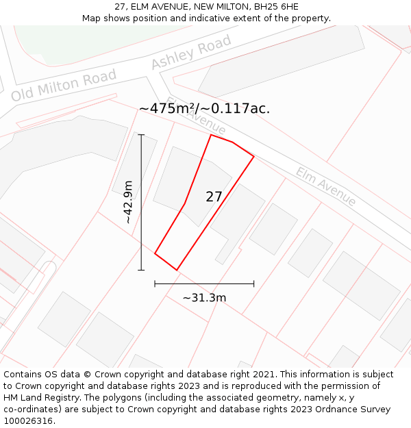27, ELM AVENUE, NEW MILTON, BH25 6HE: Plot and title map