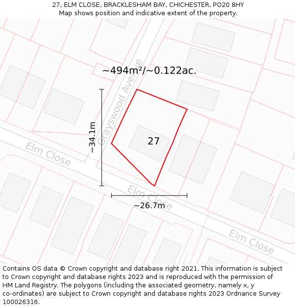 27, ELM CLOSE, BRACKLESHAM BAY, CHICHESTER, PO20 8HY: Plot and title map