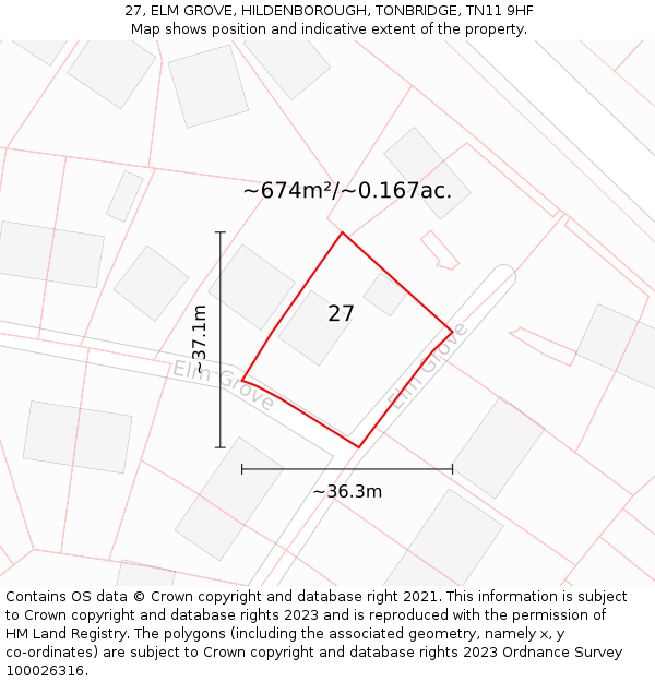 27, ELM GROVE, HILDENBOROUGH, TONBRIDGE, TN11 9HF: Plot and title map