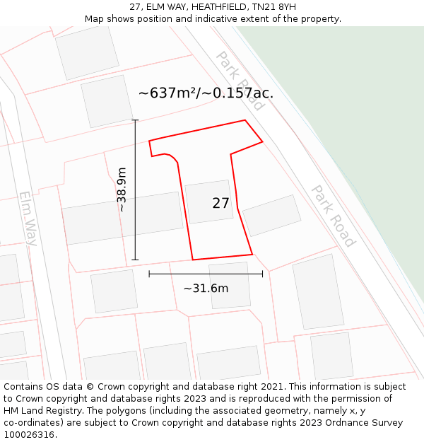 27, ELM WAY, HEATHFIELD, TN21 8YH: Plot and title map