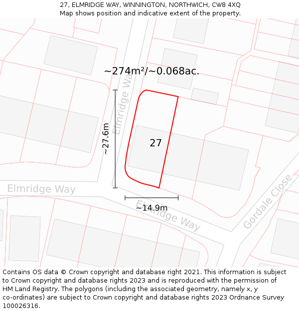 27, ELMRIDGE WAY, WINNINGTON, NORTHWICH, CW8 4XQ: Plot and title map