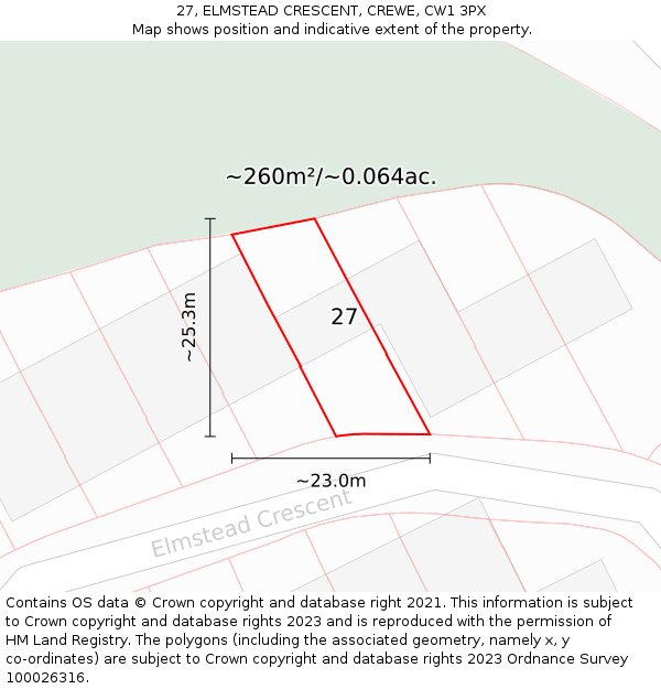 27, ELMSTEAD CRESCENT, CREWE, CW1 3PX: Plot and title map