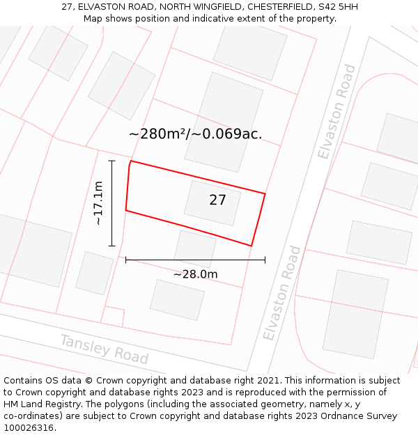 27, ELVASTON ROAD, NORTH WINGFIELD, CHESTERFIELD, S42 5HH: Plot and title map