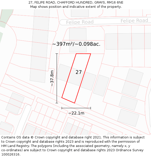 27, FELIPE ROAD, CHAFFORD HUNDRED, GRAYS, RM16 6NE: Plot and title map