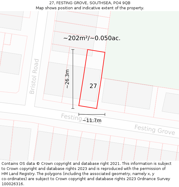 27, FESTING GROVE, SOUTHSEA, PO4 9QB: Plot and title map