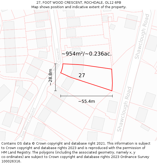 27, FOOT WOOD CRESCENT, ROCHDALE, OL12 6PB: Plot and title map