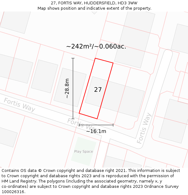 27, FORTIS WAY, HUDDERSFIELD, HD3 3WW: Plot and title map