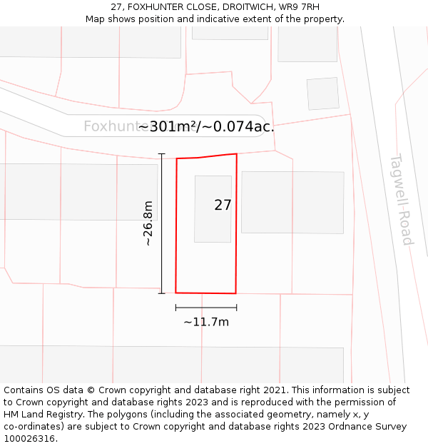 27, FOXHUNTER CLOSE, DROITWICH, WR9 7RH: Plot and title map