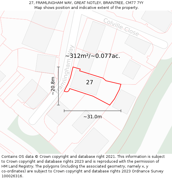 27, FRAMLINGHAM WAY, GREAT NOTLEY, BRAINTREE, CM77 7YY: Plot and title map