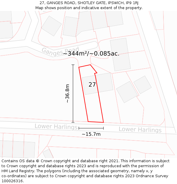 27, GANGES ROAD, SHOTLEY GATE, IPSWICH, IP9 1RJ: Plot and title map