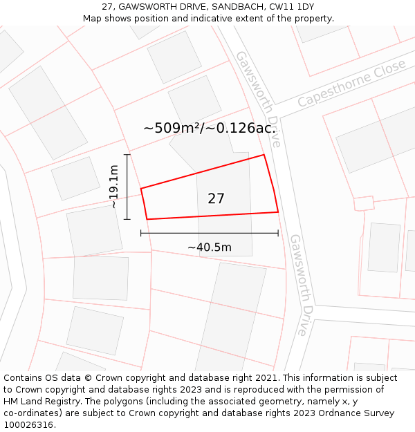 27, GAWSWORTH DRIVE, SANDBACH, CW11 1DY: Plot and title map