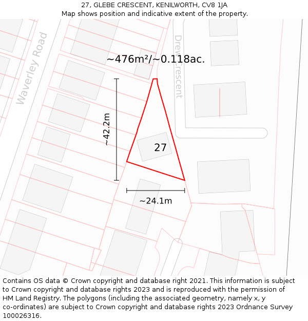 27, GLEBE CRESCENT, KENILWORTH, CV8 1JA: Plot and title map