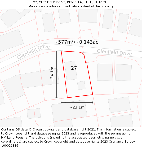 27, GLENFIELD DRIVE, KIRK ELLA, HULL, HU10 7UL: Plot and title map