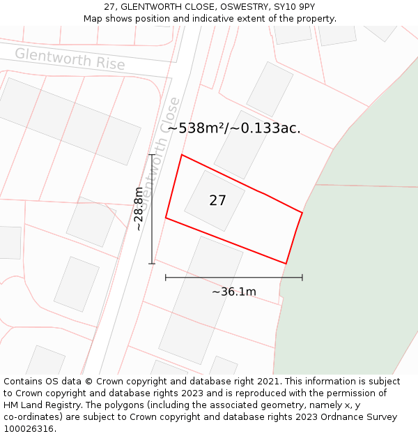 27, GLENTWORTH CLOSE, OSWESTRY, SY10 9PY: Plot and title map