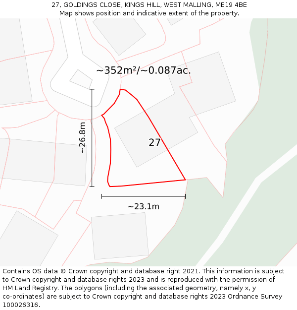 27, GOLDINGS CLOSE, KINGS HILL, WEST MALLING, ME19 4BE: Plot and title map