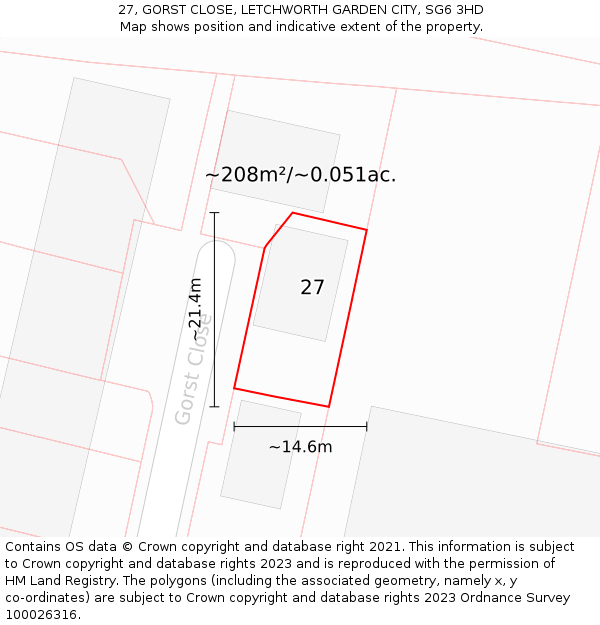 27, GORST CLOSE, LETCHWORTH GARDEN CITY, SG6 3HD: Plot and title map