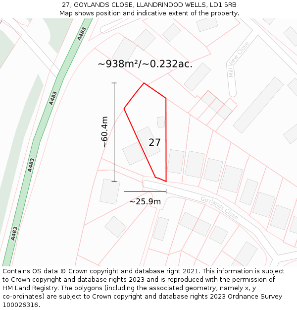 27, GOYLANDS CLOSE, LLANDRINDOD WELLS, LD1 5RB: Plot and title map