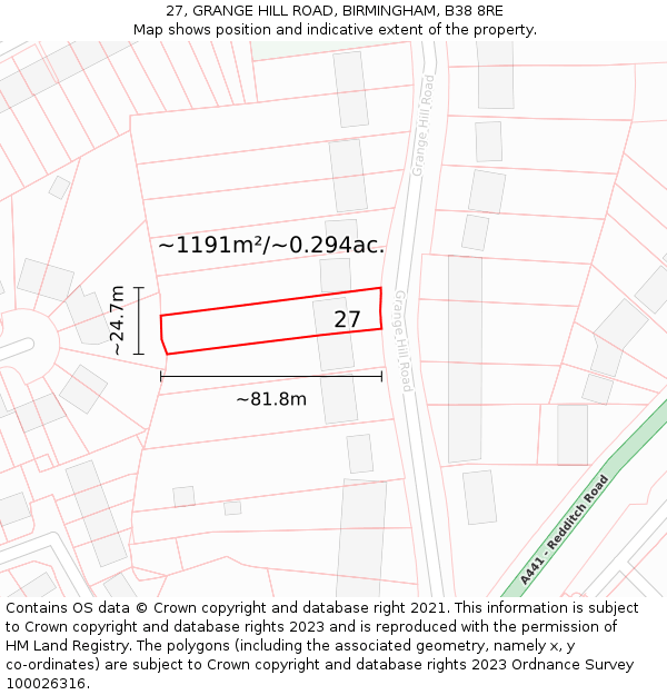 27, GRANGE HILL ROAD, BIRMINGHAM, B38 8RE: Plot and title map