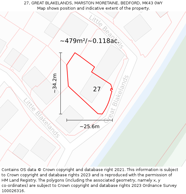 27, GREAT BLAKELANDS, MARSTON MORETAINE, BEDFORD, MK43 0WY: Plot and title map