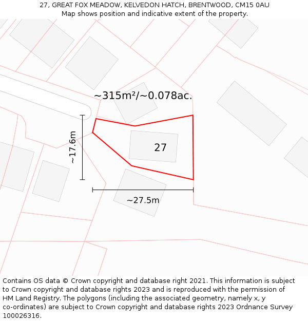 27, GREAT FOX MEADOW, KELVEDON HATCH, BRENTWOOD, CM15 0AU: Plot and title map