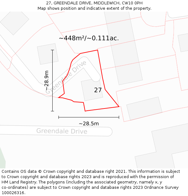 27, GREENDALE DRIVE, MIDDLEWICH, CW10 0PH: Plot and title map