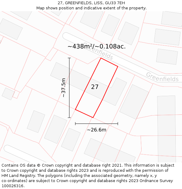 27, GREENFIELDS, LISS, GU33 7EH: Plot and title map