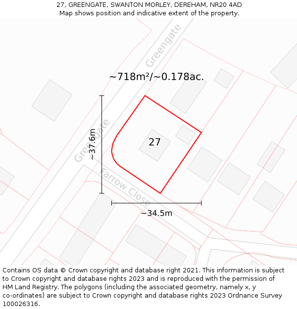 27, GREENGATE, SWANTON MORLEY, DEREHAM, NR20 4AD: Plot and title map