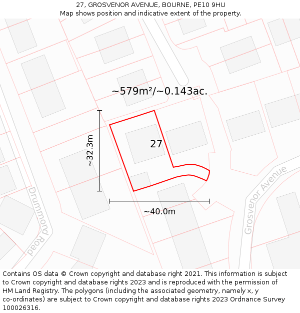 27, GROSVENOR AVENUE, BOURNE, PE10 9HU: Plot and title map