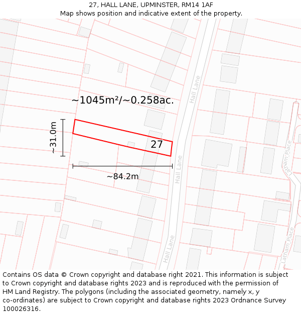 27, HALL LANE, UPMINSTER, RM14 1AF: Plot and title map
