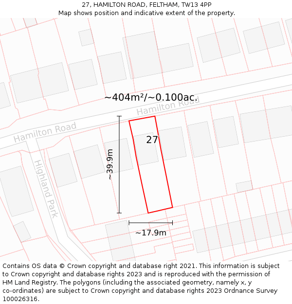 27, HAMILTON ROAD, FELTHAM, TW13 4PP: Plot and title map