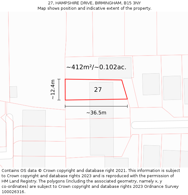 27, HAMPSHIRE DRIVE, BIRMINGHAM, B15 3NY: Plot and title map