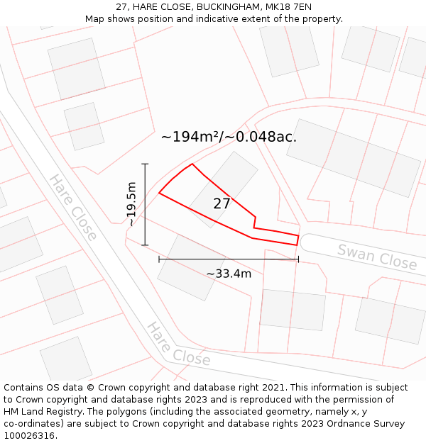 27, HARE CLOSE, BUCKINGHAM, MK18 7EN: Plot and title map