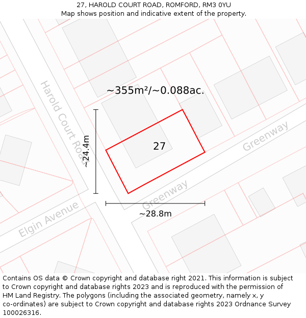 27, HAROLD COURT ROAD, ROMFORD, RM3 0YU: Plot and title map