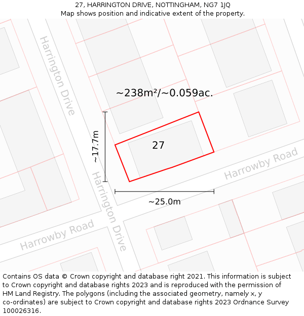 27, HARRINGTON DRIVE, NOTTINGHAM, NG7 1JQ: Plot and title map