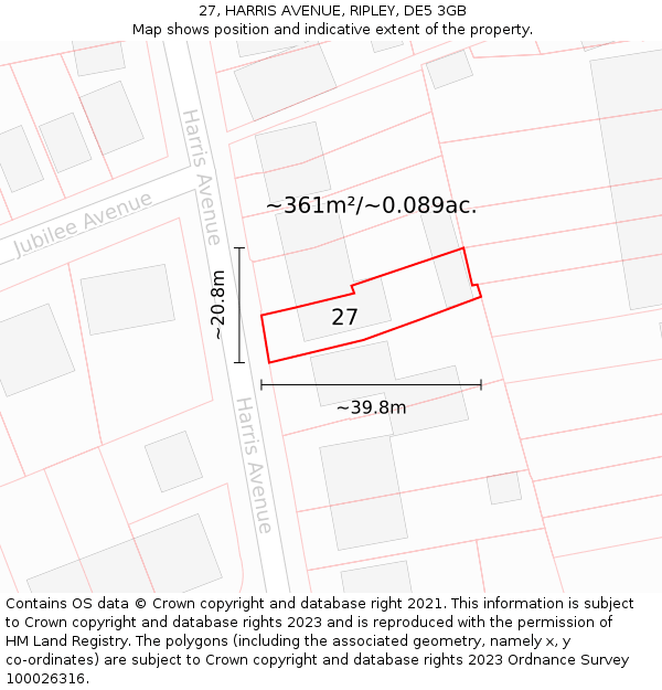 27, HARRIS AVENUE, RIPLEY, DE5 3GB: Plot and title map