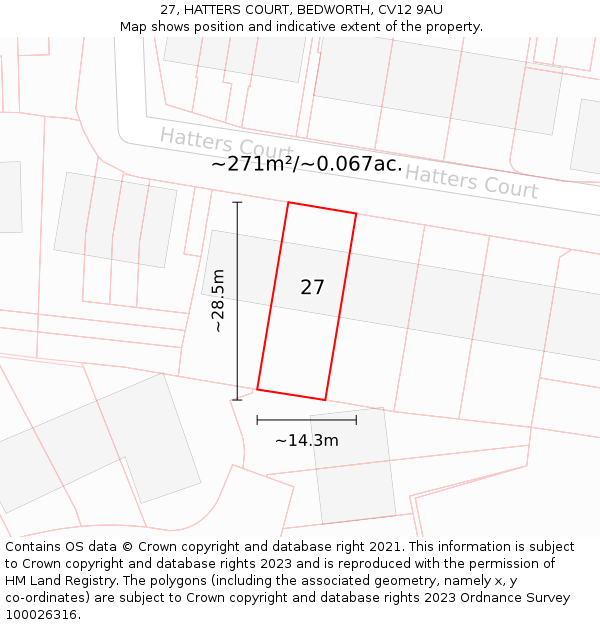 27, HATTERS COURT, BEDWORTH, CV12 9AU: Plot and title map