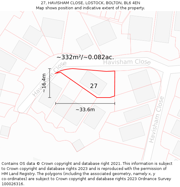 27, HAVISHAM CLOSE, LOSTOCK, BOLTON, BL6 4EN: Plot and title map