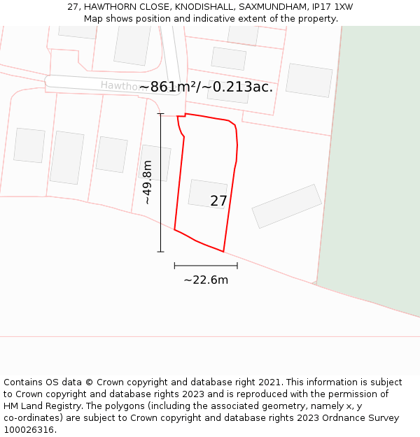 27, HAWTHORN CLOSE, KNODISHALL, SAXMUNDHAM, IP17 1XW: Plot and title map