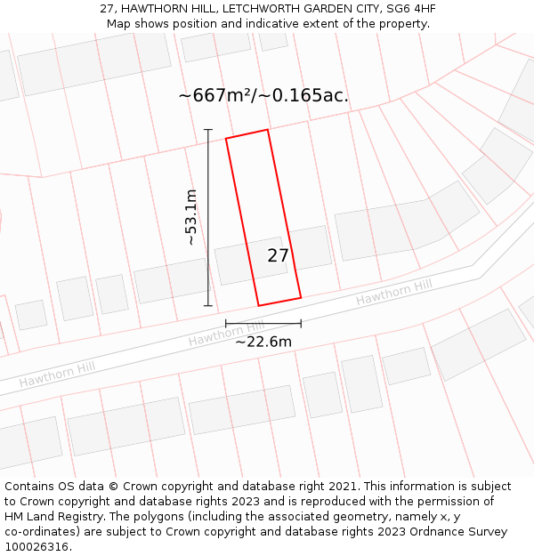 27, HAWTHORN HILL, LETCHWORTH GARDEN CITY, SG6 4HF: Plot and title map