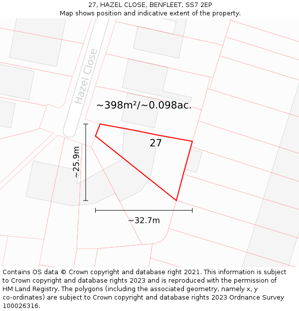 27, HAZEL CLOSE, BENFLEET, SS7 2EP: Plot and title map