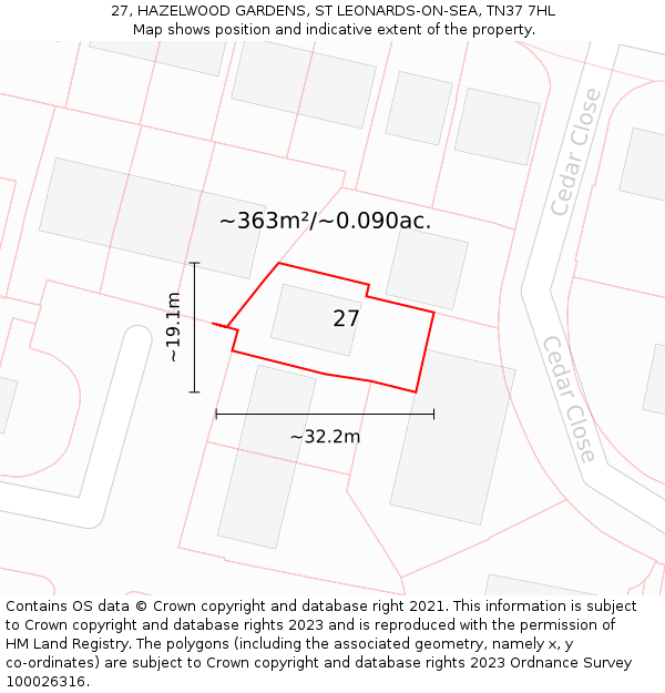 27, HAZELWOOD GARDENS, ST LEONARDS-ON-SEA, TN37 7HL: Plot and title map