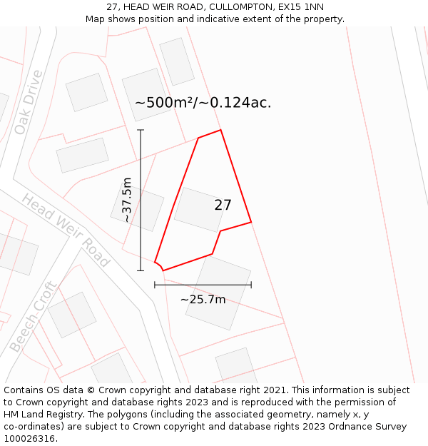 27, HEAD WEIR ROAD, CULLOMPTON, EX15 1NN: Plot and title map