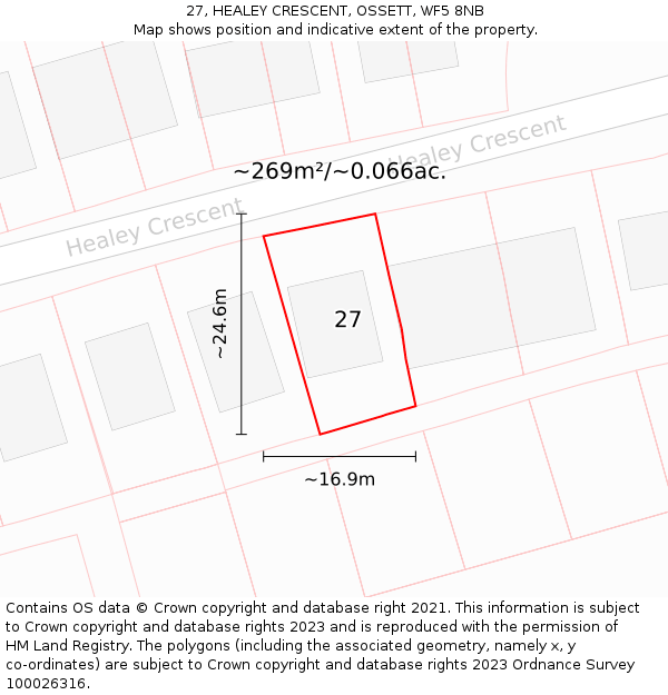 27, HEALEY CRESCENT, OSSETT, WF5 8NB: Plot and title map